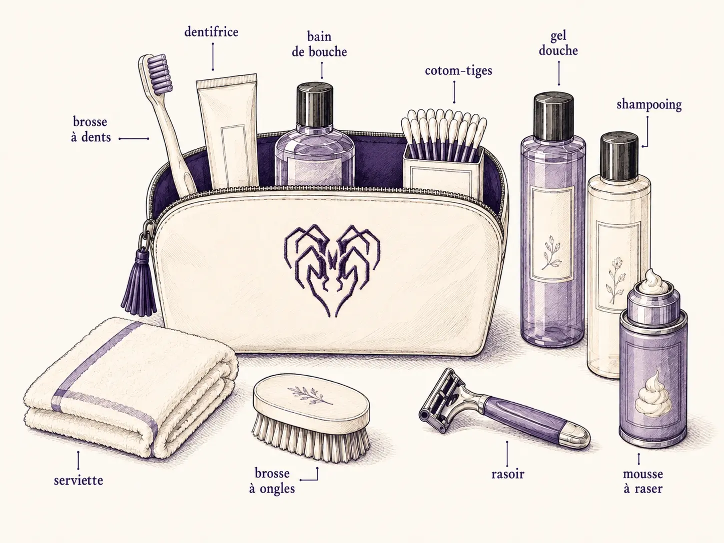 Trousse nominative et essentiels d’hygiène : brosse à dents, dentifrice, bain de bouche, coton-tiges, gel douche, shampoing, serviette, brosse à ongles, rasoir et mousse à raser
