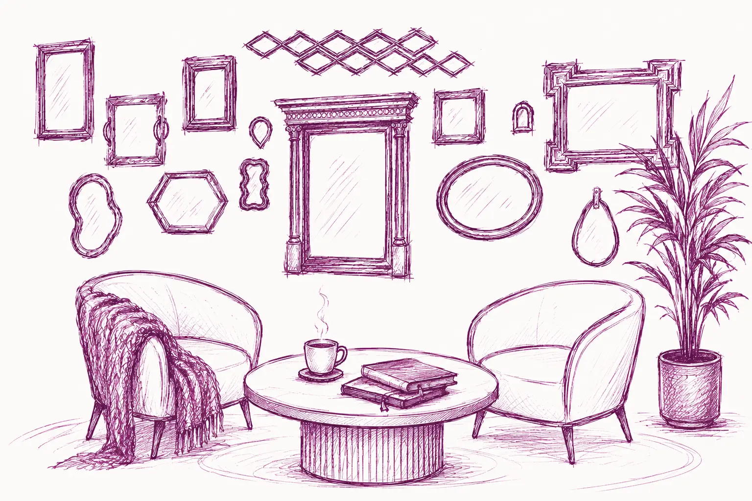 Illustration aubergine d’un salon intime entouré de miroirs