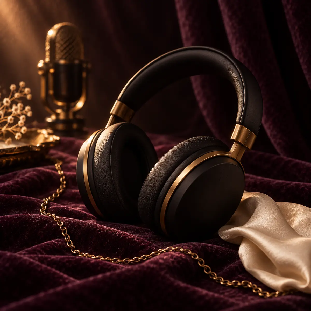 Casque noir et or posé sur un velours aubergine devant un microphone