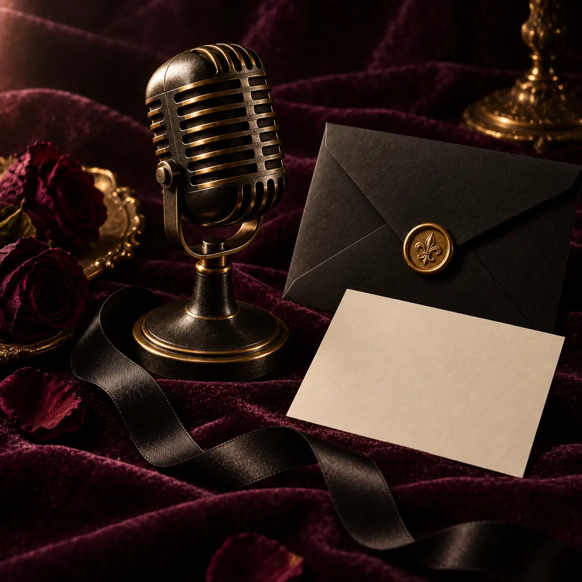 Microphone ancien, enveloppe noire et carte ivoire sur un velours aubergine
