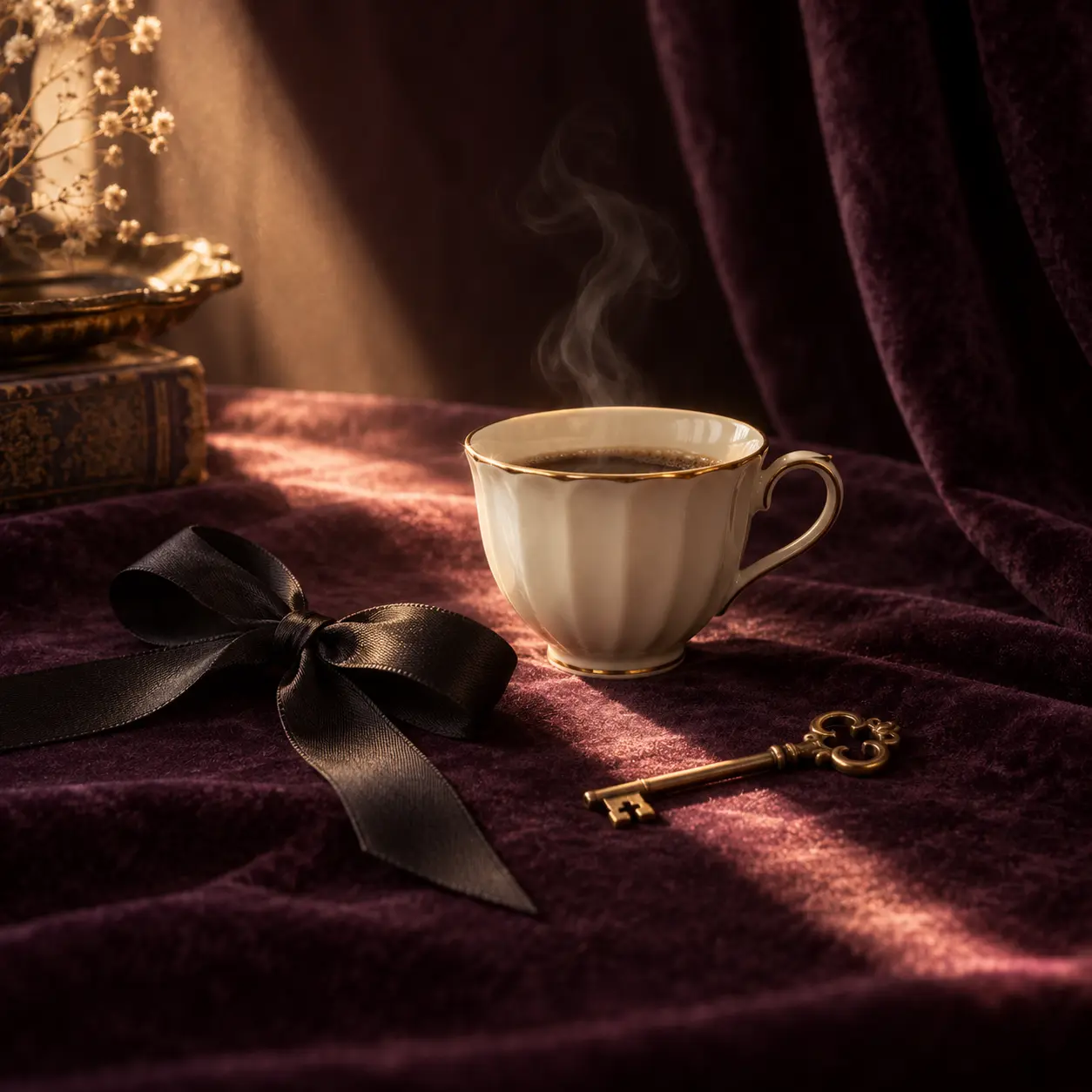 Tasse ivoire, ruban noir et clé dorée dans une lumière matinale
