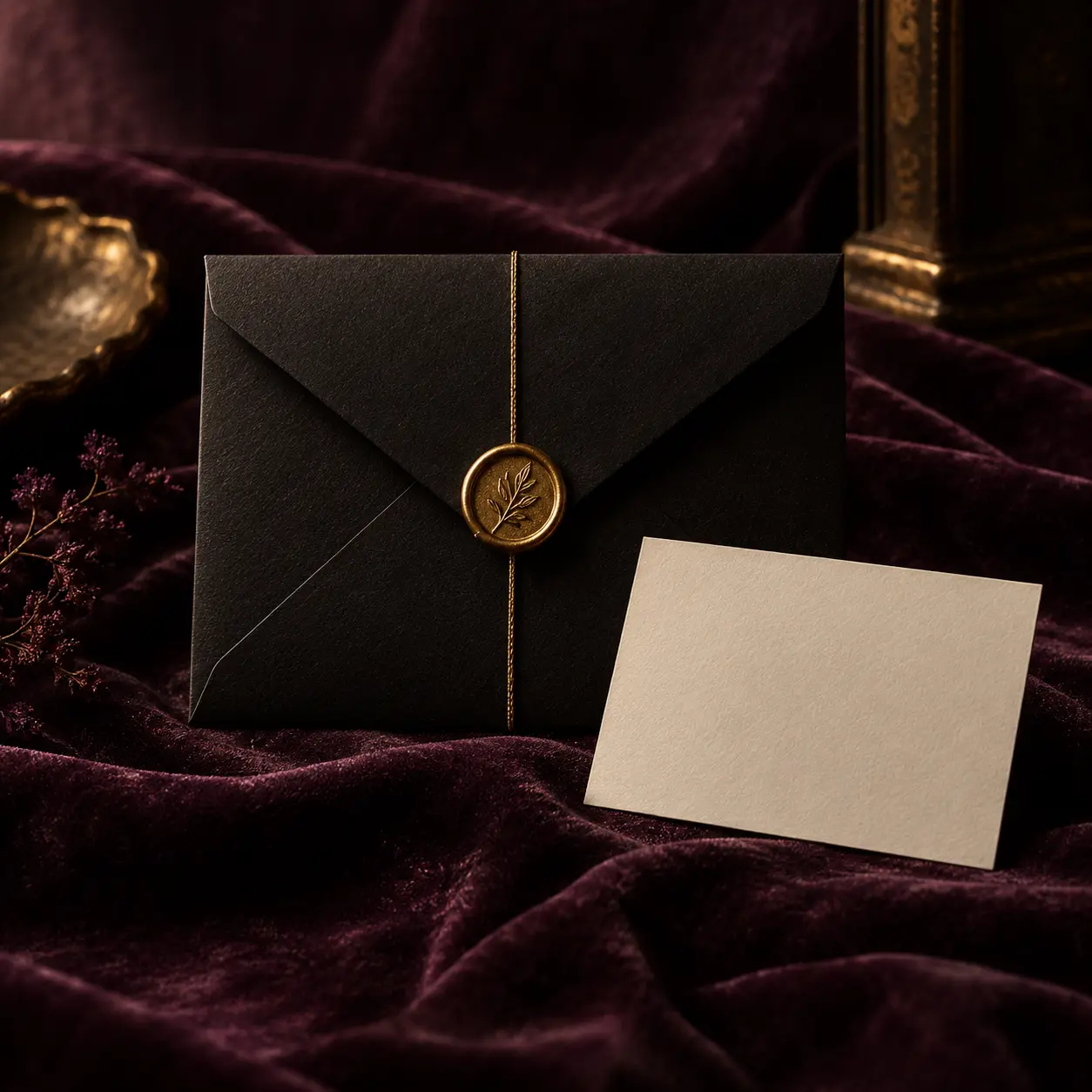 Enveloppe noire scellée d’or sur un velours aubergine