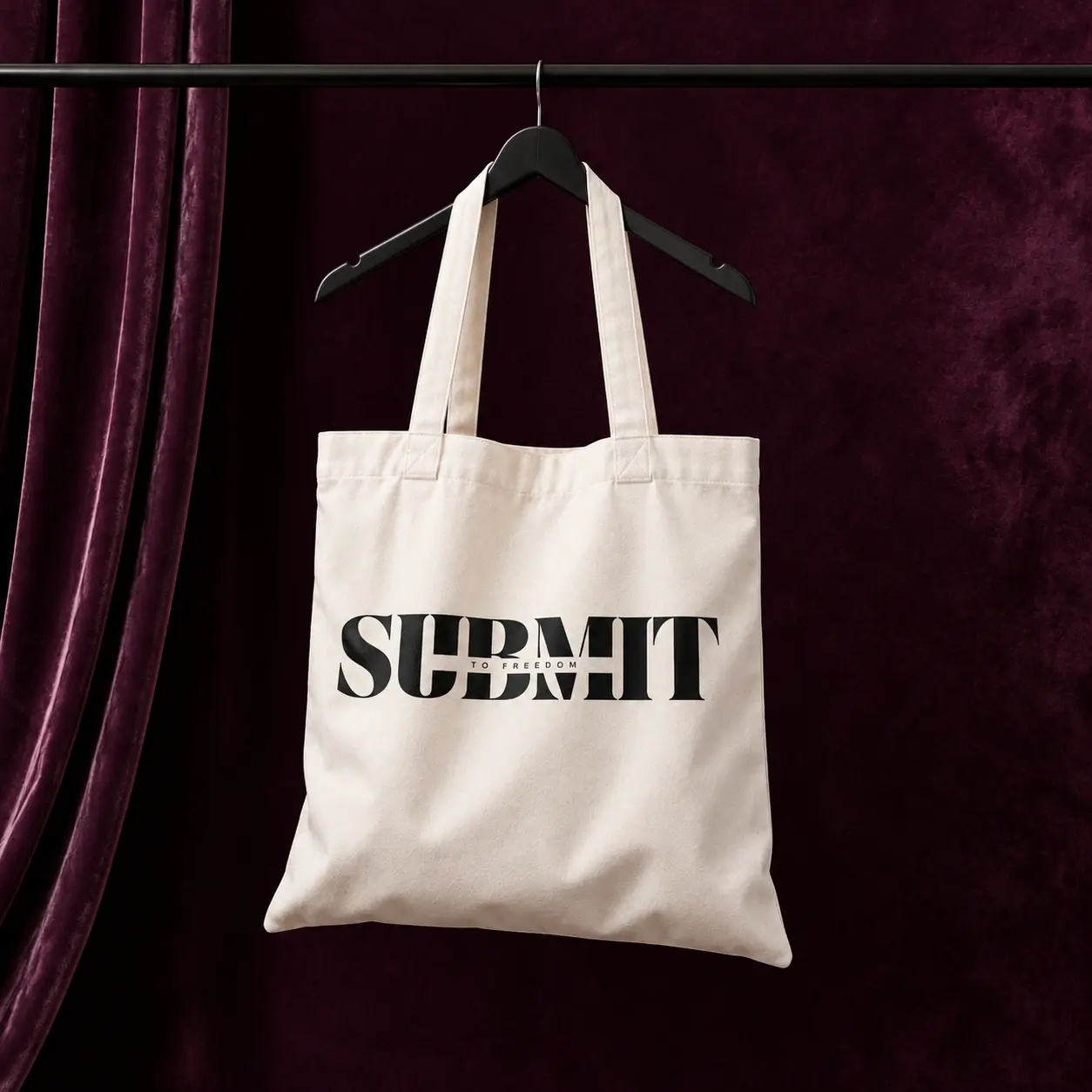 Totebag SUBMIT en coton ivoire sur velours aubergine