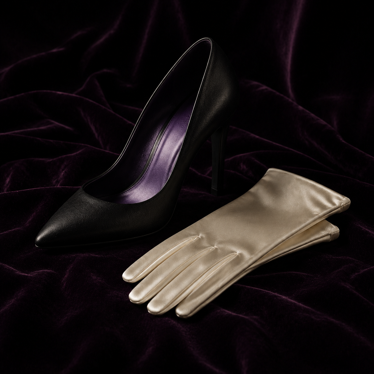 Escarpin noir et gants en satin ivoire