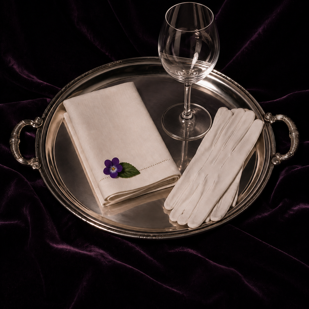 Plateau de service, gants blancs et fleur violette