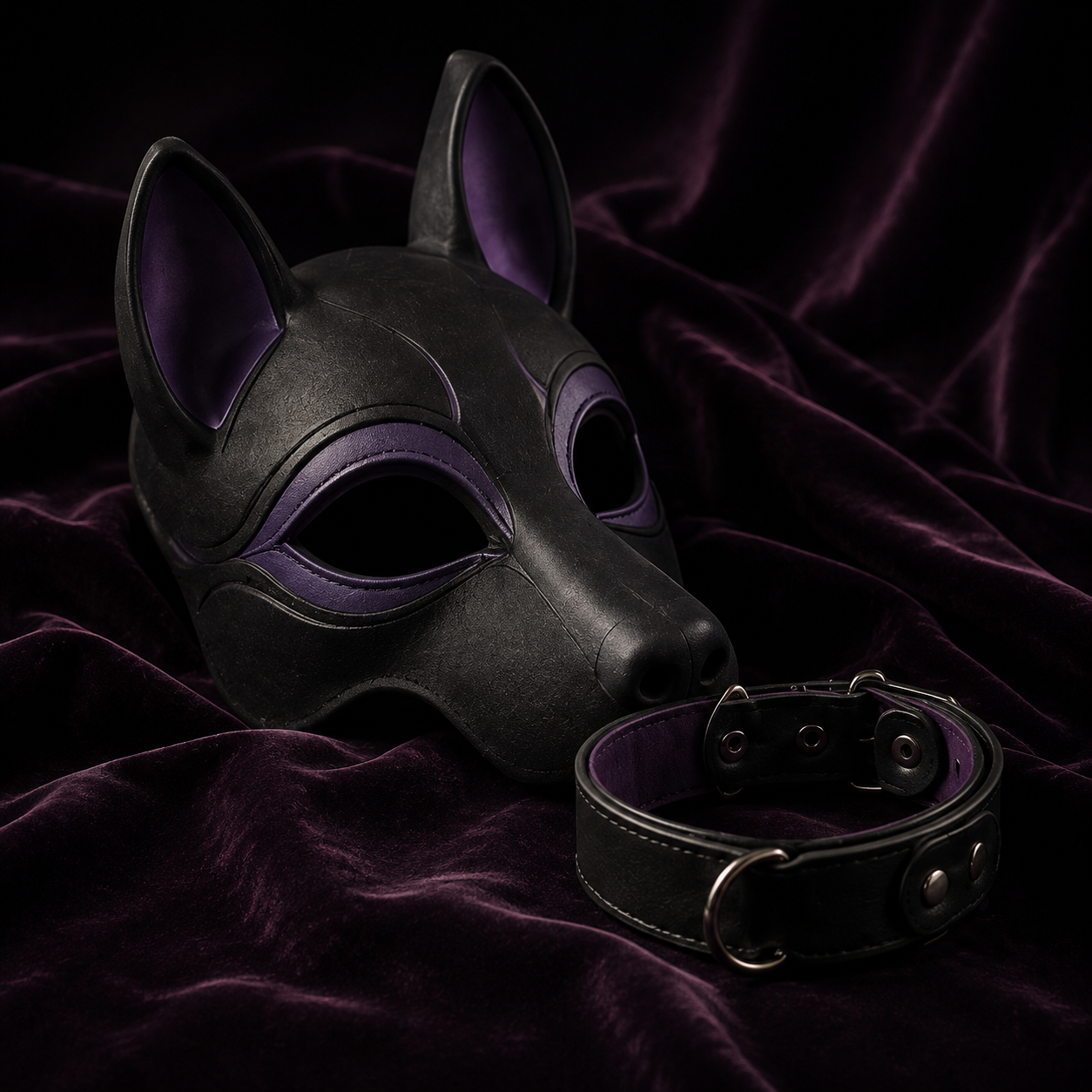 Masque animal et collier noir sur velours aubergine
