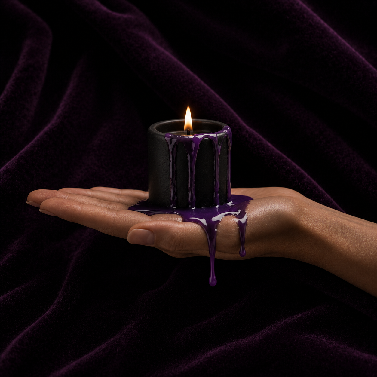 Bougie noire et cire violette sur une main